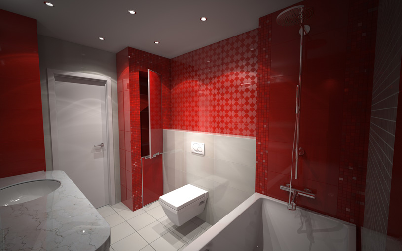 Дизайн ванной комнаты в красно-белых тонах