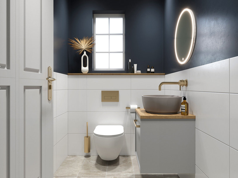 дизайн интерьера ванной комнаты со скрытым расположением водопроводных труб