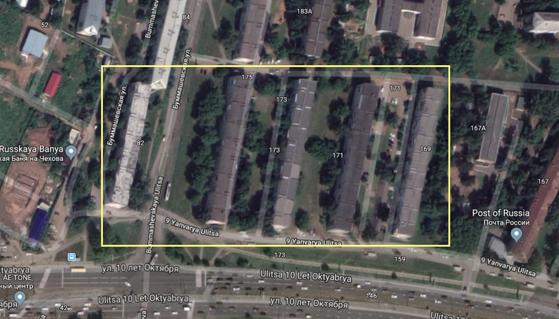 На спутниковом снимке GoogleMaps выделены объекты проектирования. Территория проектирования ограничена Индустриальным районом города Ижевск: дома №№ 169, 171, 173, 175 по ул. 9 января и дом № 82 по ул. Буммашевской