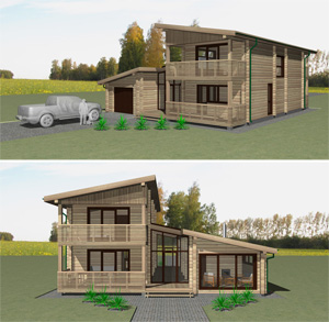 Проект двухэтажного деревянного дачного дома с подвалом, гаражем и баней. Архитектор Сергей Косинов. Новосибирск